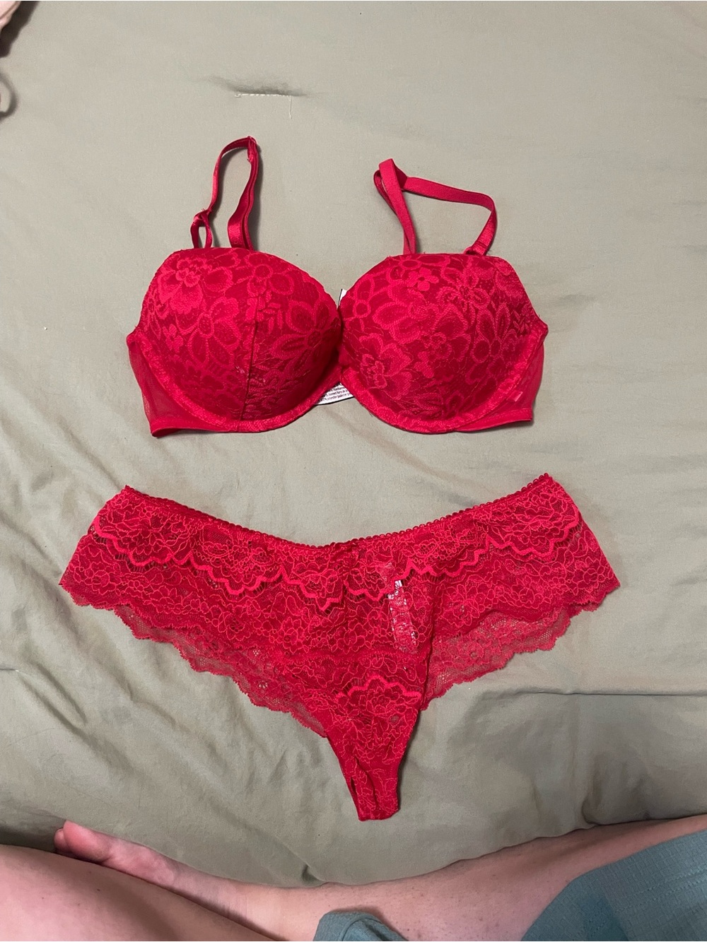 Victoria's Secret Red Lace Push-Up Bra and Lace Bikini Set